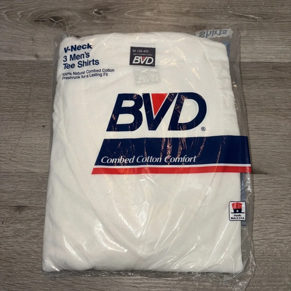 Vintage 3 Pack BVD V Neck T Shirt Men's Medium White Under Shirt 1992